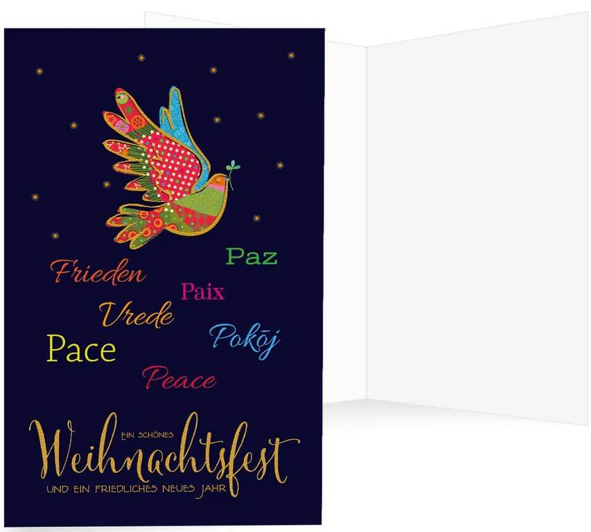 Farbenfrohe Friedens-Weihnachtskarte mit Taube, Ölzweig, mehrsprachig "Frieden" und Gruß