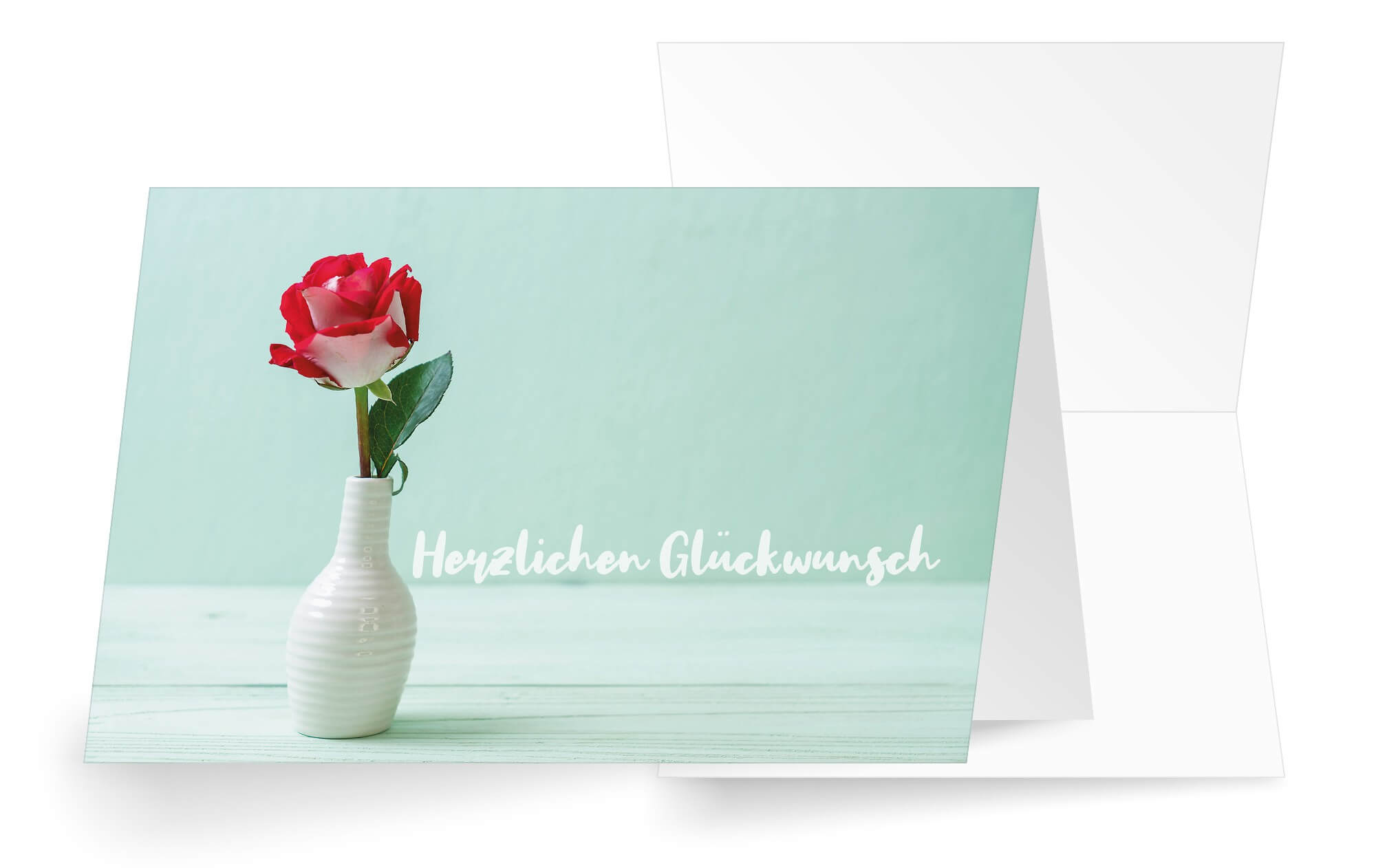 Mintgrüne Glückwunschkarte mit roter Rose und "Herzlichen Glückwunsch" für viele Anlässe