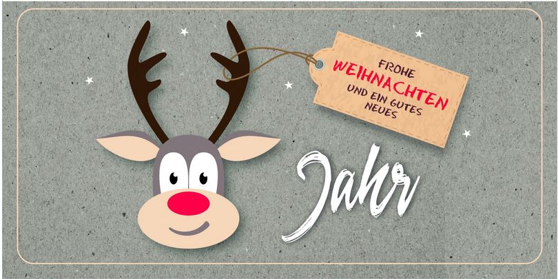 Lustige und tierische Weihnachtskarte mit glücklichem Rentier und Weihnachtsgruß, DIN lang