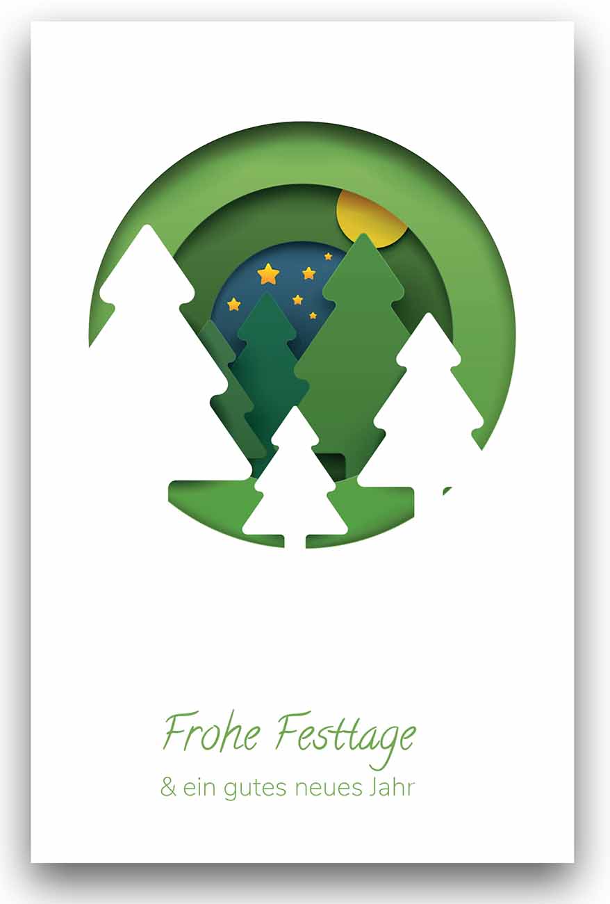 Weihnachtskarte mit "Frohe Festtage" und Tannenbäumen in grünem Kreis