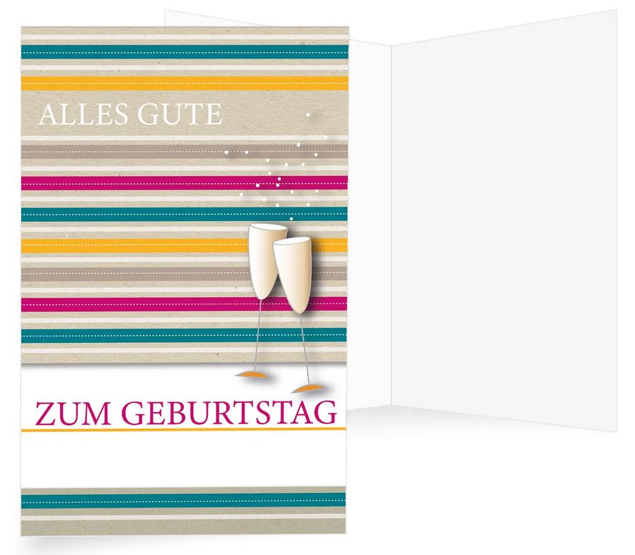 Bunte Glückwunschkarte zum Geburtstag mit zwei sprudelnden Sektgläsern