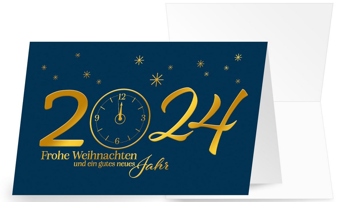 Elegante Weihnachtskarte in blau mit Folienprägung gold und Jahreszahl 2024 mit Ziffernblatt