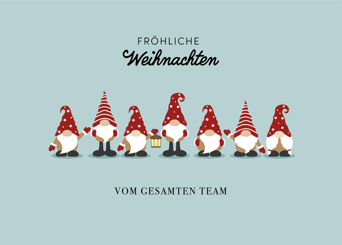 Team-Weihnachtskarte mit kleinen Wichtelmännchen und Spendenzweck: Deutsche Kinderkrebs-Stiftung