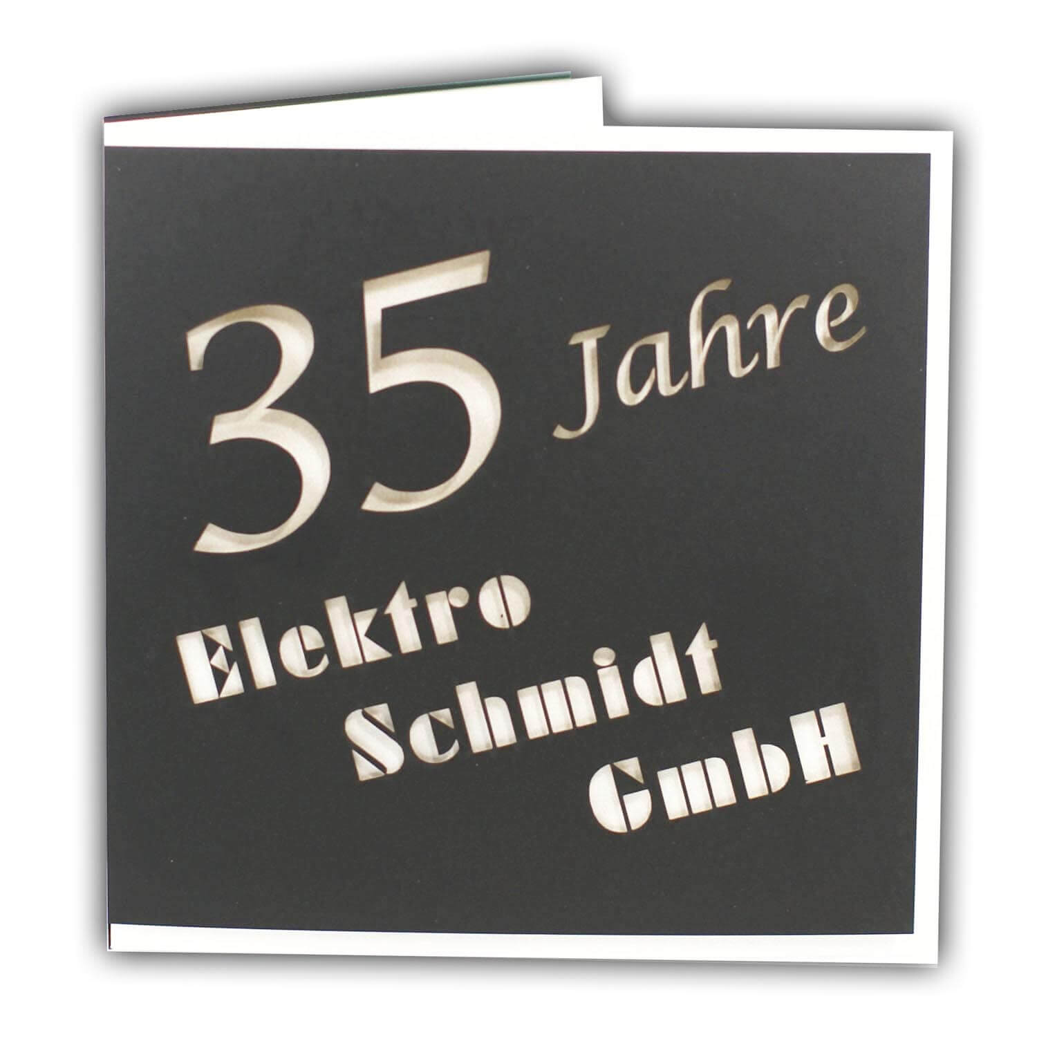 Firmenjubiläumskarte schwarz / weiß im Beispiel mit 45 Jahren und schräger Schrift