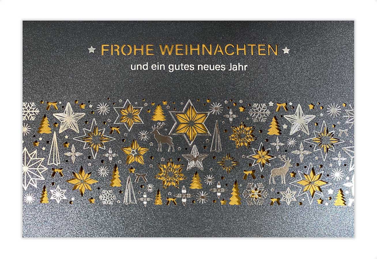 Weihnachtliche Laserkarte mit Silberprägung und goldenem Falteinleger.