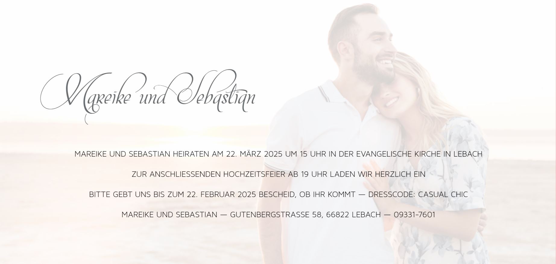 Hochzeitseinladungskarte Mustertext für den Rückseitendruck mit eigenem Foto im Hintergrund