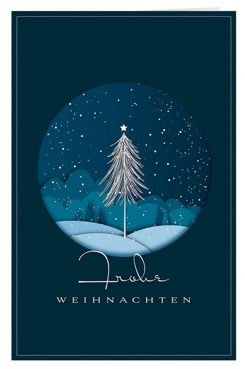 Blaue Weihnachtskarte mit kleinem Baum und Stern bei Nacht sowie Gruß "Frohe Weihnachten"