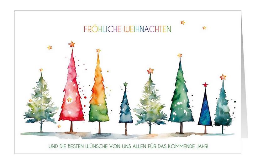 Knallig bunte Weihnachtskarte mit einer Bäumchenreihe, Weihnachtsgruß und Neujahrswünschen