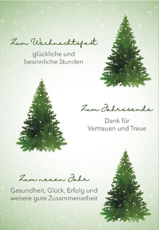 Geschäftliche Weihnachtskarte in grün mit Tannenbäumen und Firmenweihnachtsgrüßen