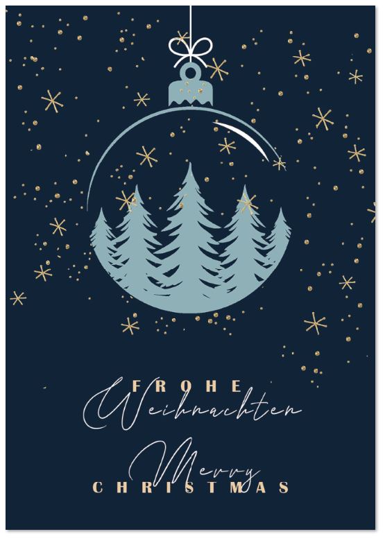 Eleganter Weihnachtsgruß in deutsch & englisch, nachtblau mit Tannen in einer Weihnachtskugel