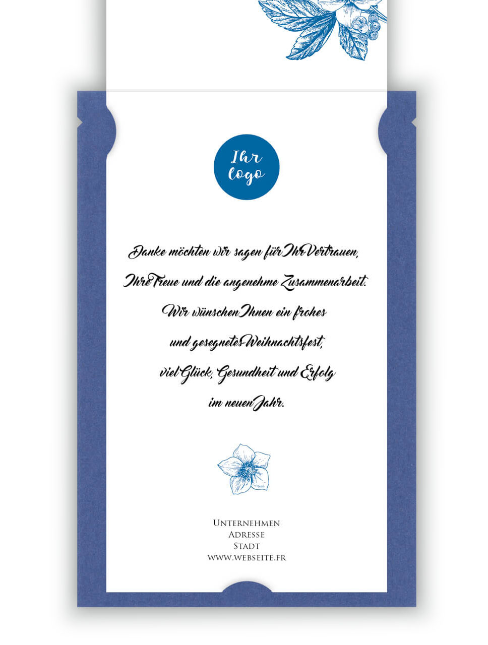 Mustertext Beispieldruck auf der Innenseite der Weihnachtskarte mit floraler Motiv-Strichzeichnung in blau.  