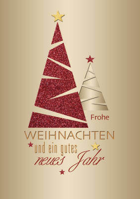 Weihnachtskarte mit zwei Bäumen in rot und gold sowie weihnachtlichen Grüßen