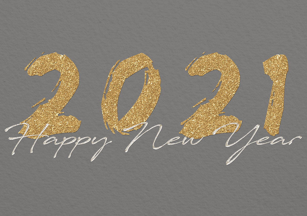 Graue Neujahrskarte mit goldener Jahreszahl 2021 und Happy New Year in silber