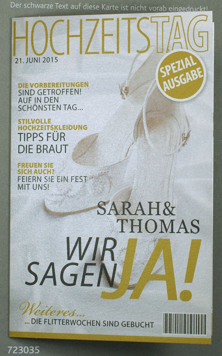 Hochzeitskarte Gestaltung als Magazin Zeitung Brautschuh Foto