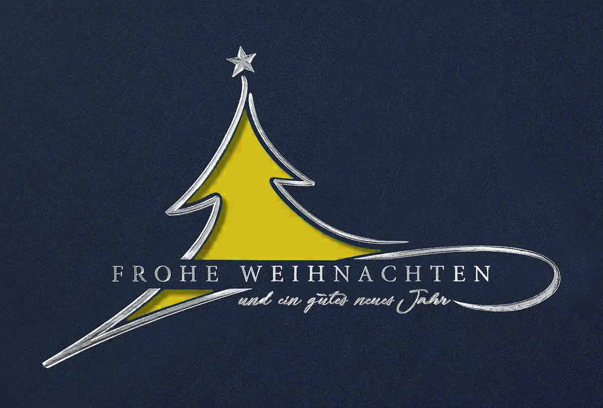 Stanz-Weihnachtskarte in blau mit gelbem Einleger und edler Silberfolienprägung