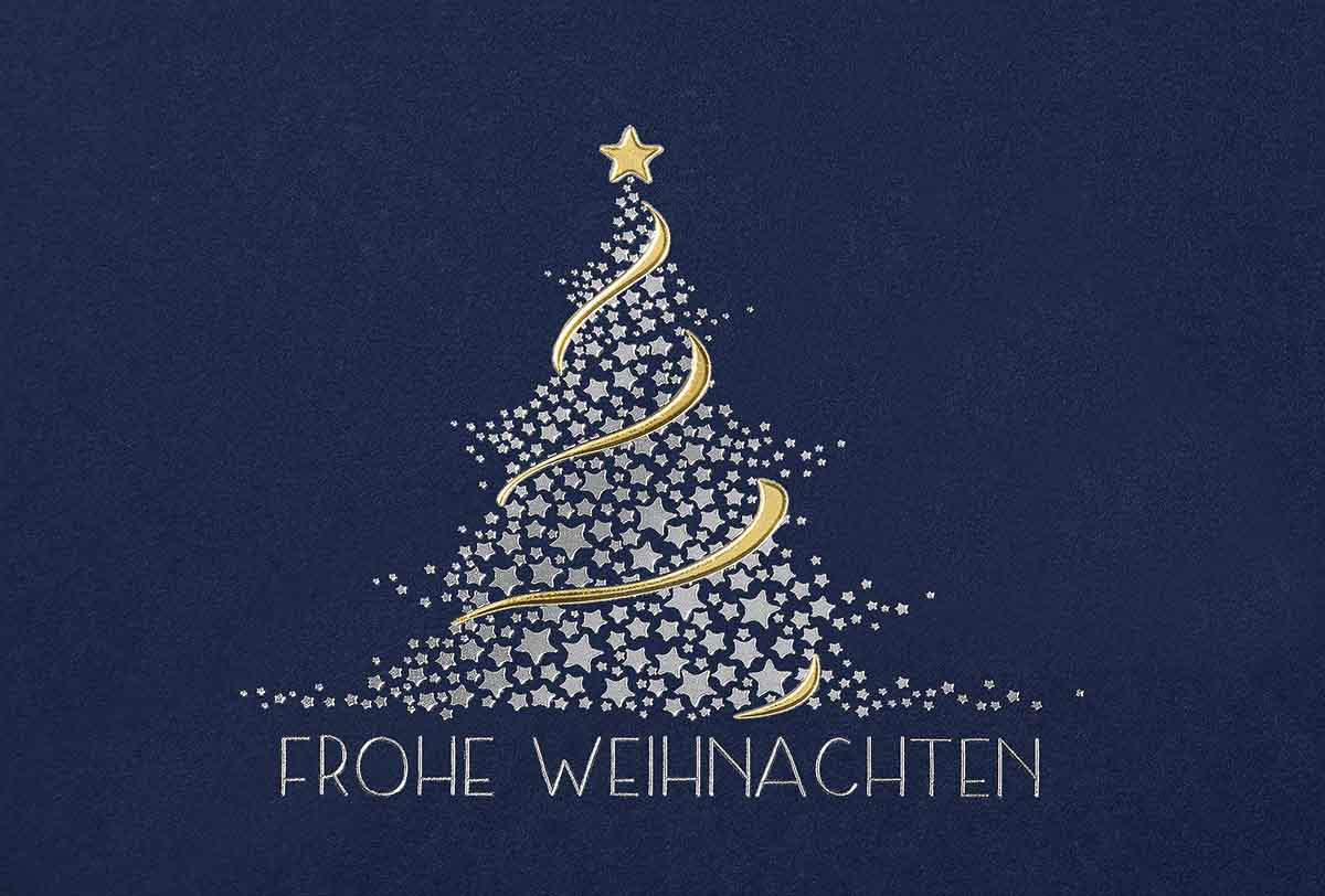 Elegante Weihnachtskarte in blau mit Baum aus kleinen Sternchen und Gruß "Frohe Weihnachten"