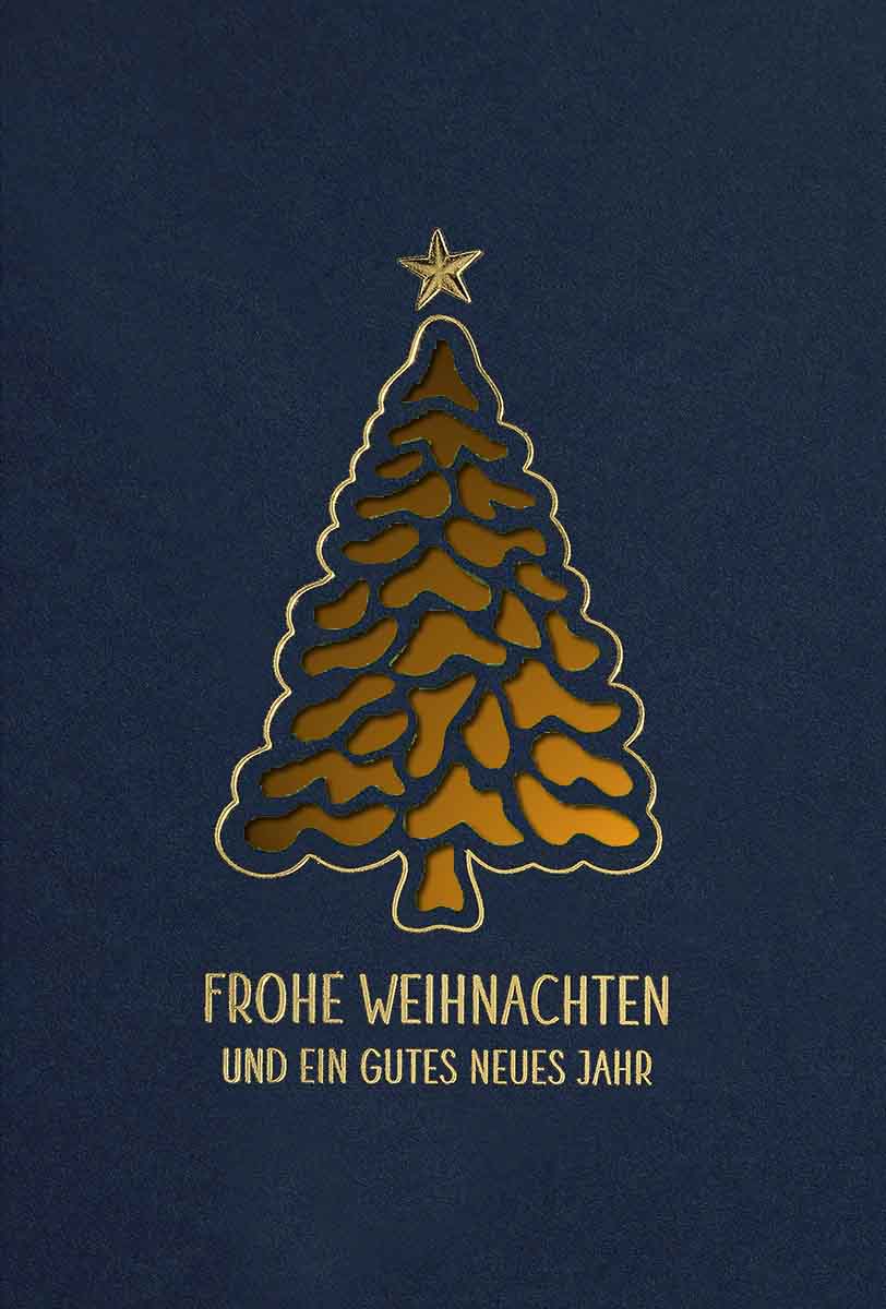 Blaue Weihnachtskarte mit kupferfarbenem Einlegeblatt, Stanzung und eldler Goldfolienprägung