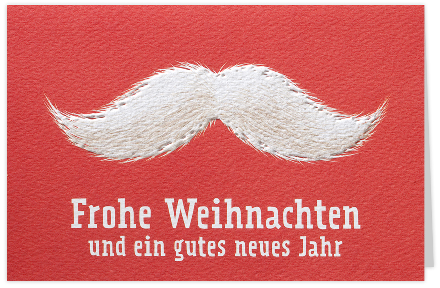 Rote Weihnachtskarte mit weißem Bart/Moustache sowie Weihnachts- und Neujahrsgruß