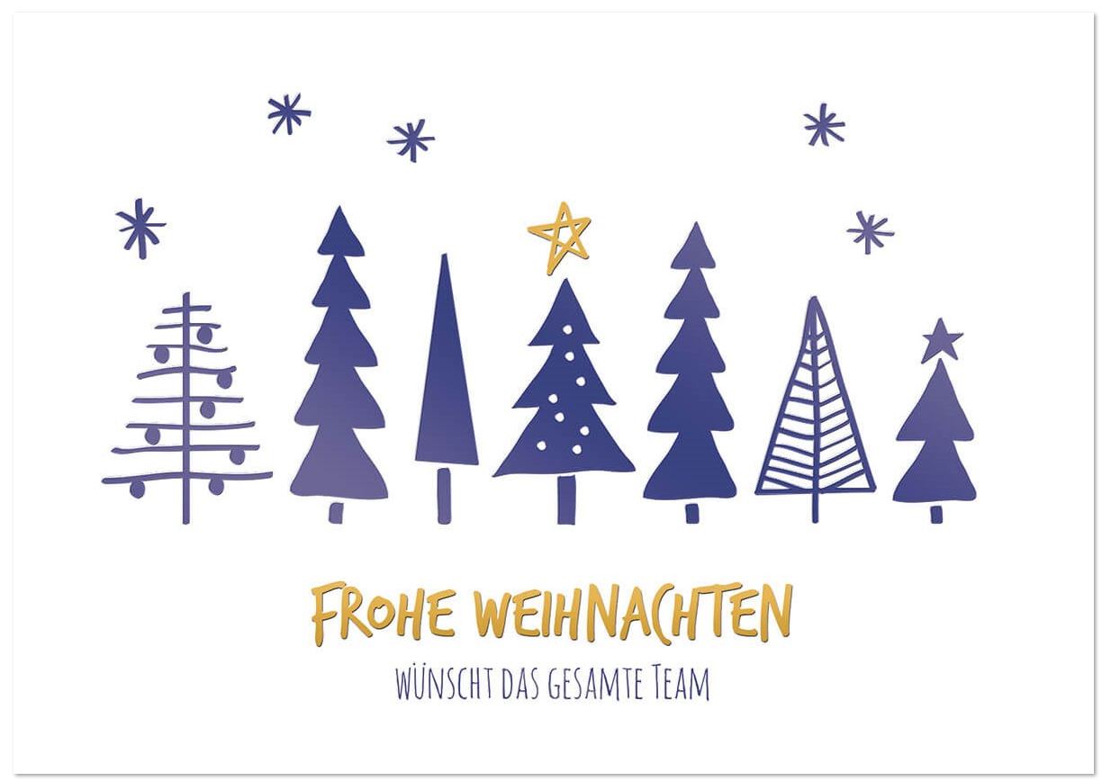 Firmenweihnachtskarte "Sieben Tannen" mit blauer und goldener Veredelung und Teamgruß