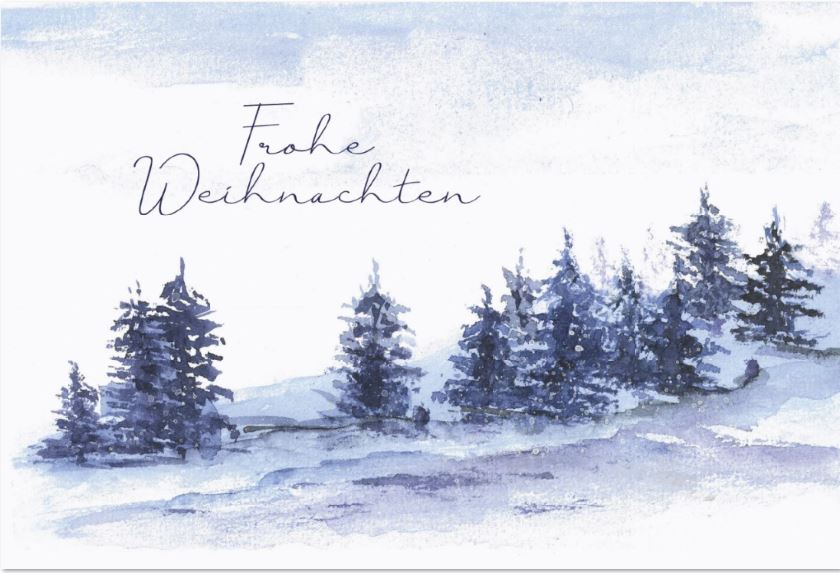 Aquarell-Weihnachtskarte mit Tannen auf einem sanften Hügel und Gruß "Frohe Weihnachten"