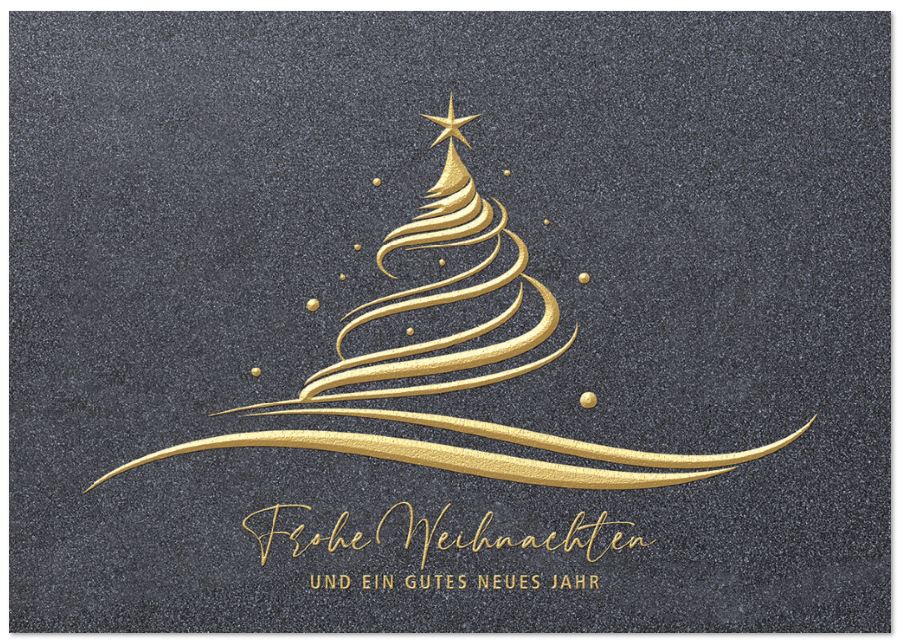 Exklusive Weihnachtskarte in anthrazit-metallic mit Weihnachtsbaum und Gruß in edler Goldprägung