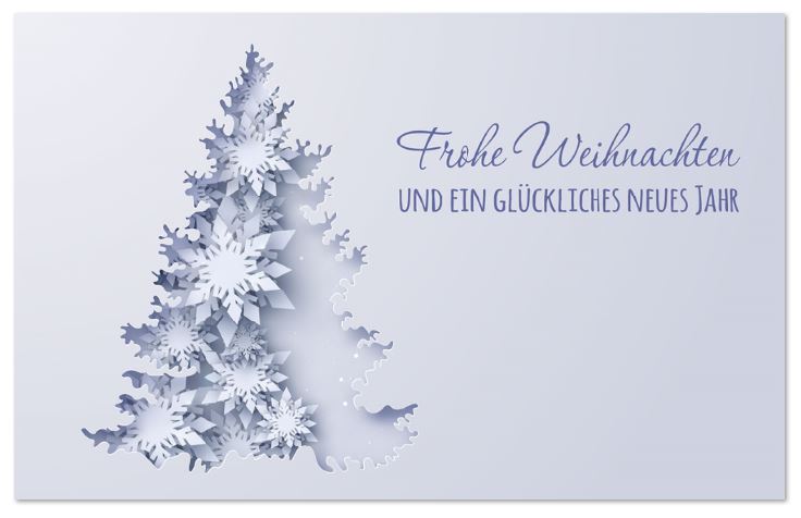 Weiße Weihnachtskarte mit gefranstem Baum aus Eiskristallen und Weihnachtsgruß