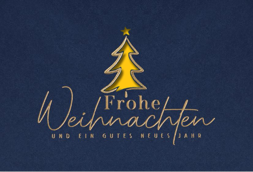 Dunkelblaue Weihnachtskarte mit Laserstanzung Baum, Goldfolienprägung und Einleger in gelb