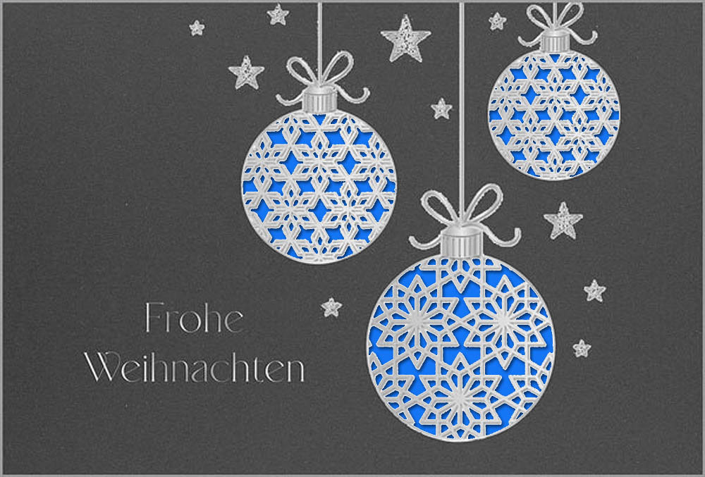 Elegante Weihnachtskarte in dunkelgrau mit silberner Prägung und Einlegeblatt in blau