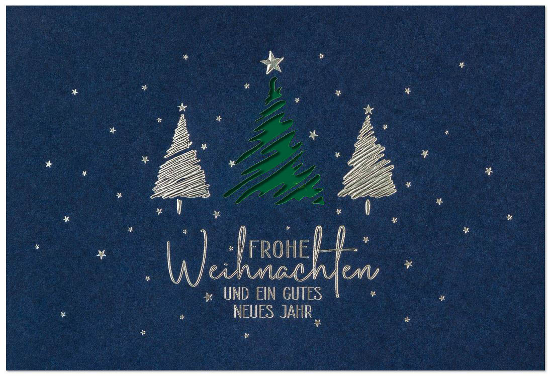 Blaue Weihnachtskarte mit Laserstanzung Baum und Silberfolienprägung, Einleger dunkelgrün