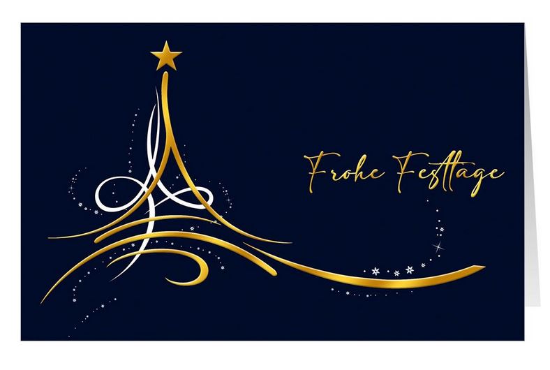 Elegante Weihnachtskarte mit Gruß "Frohe Festtage" in gold und abstraktem Baum