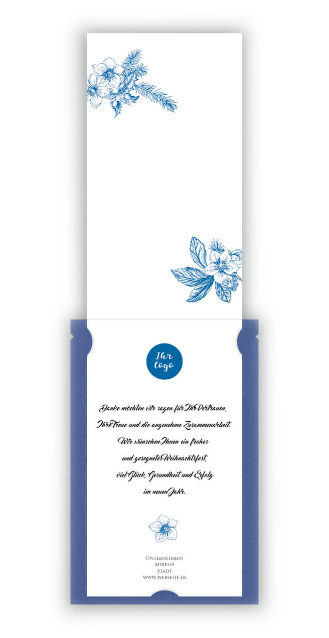 Innenseiten-Ansicht mit Mustertext Beispieldruck auf der Innenseite der Weihnachtskarte mit floraler Motiv-Strichzeichnung in blau. Der im Beispiel eingedruckte Mustertext sowie der Kreis mit Ihr Logo ist nicht vorgedruckt und kann individuell nach Ihren 