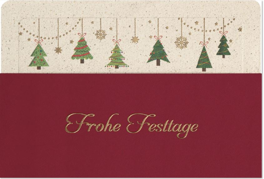 Rote Weihnachtskarte mit weihnachtlicher Einsteckkarte und Gruß "Frohe Festtage" in gold