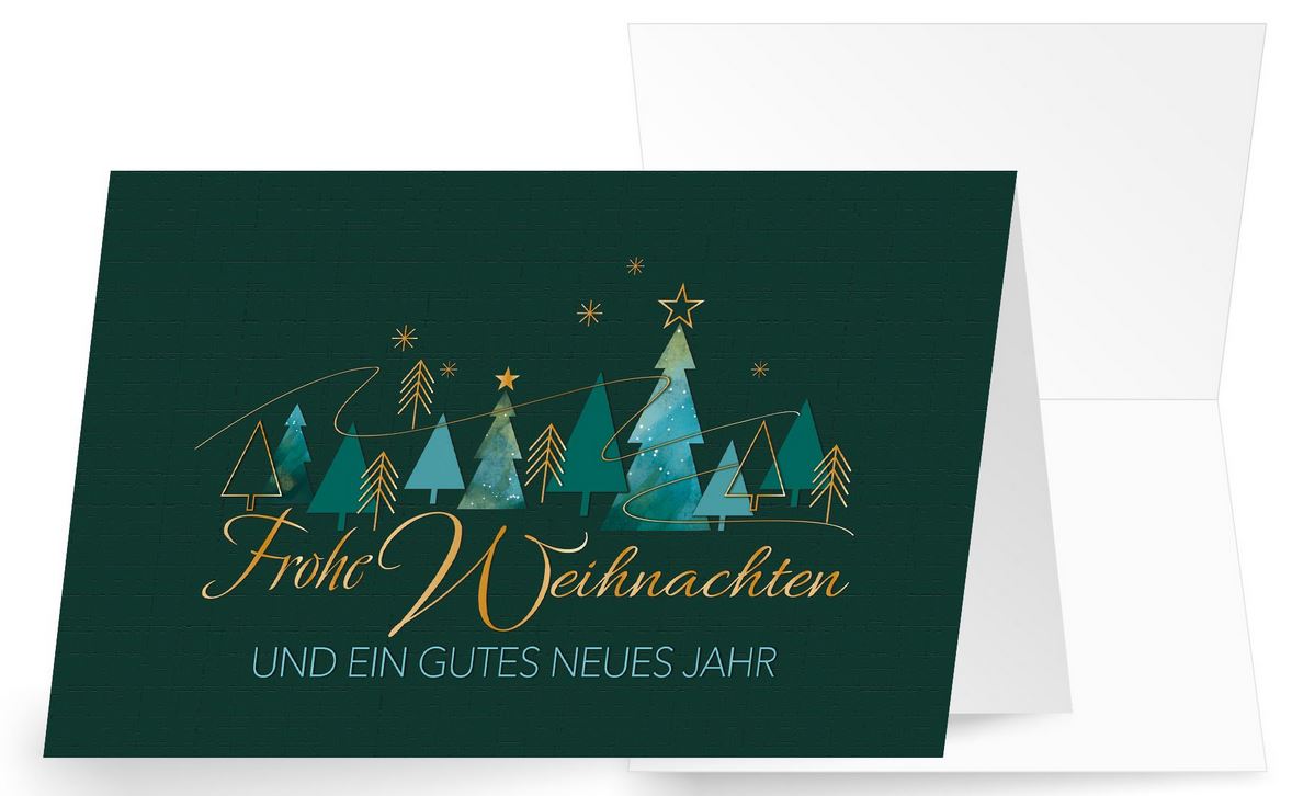 Dunkelgrüne Weihnachtskarte mit Wald und Spendenanteil für Ärzte ohne Grenzen