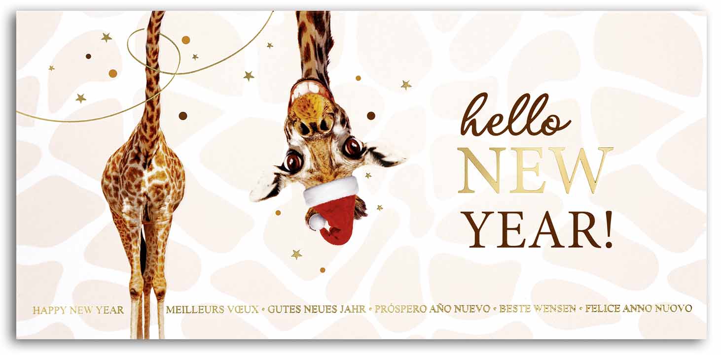 Internationale Neujahrskarte mit lustiger Giraffe und "Hello New Year" im DIN lang Format