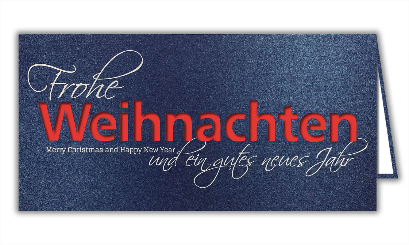 Blaue Weihnachtskarte mit Stanzung und weißem Druck im DIN lang Format, Einleger rot