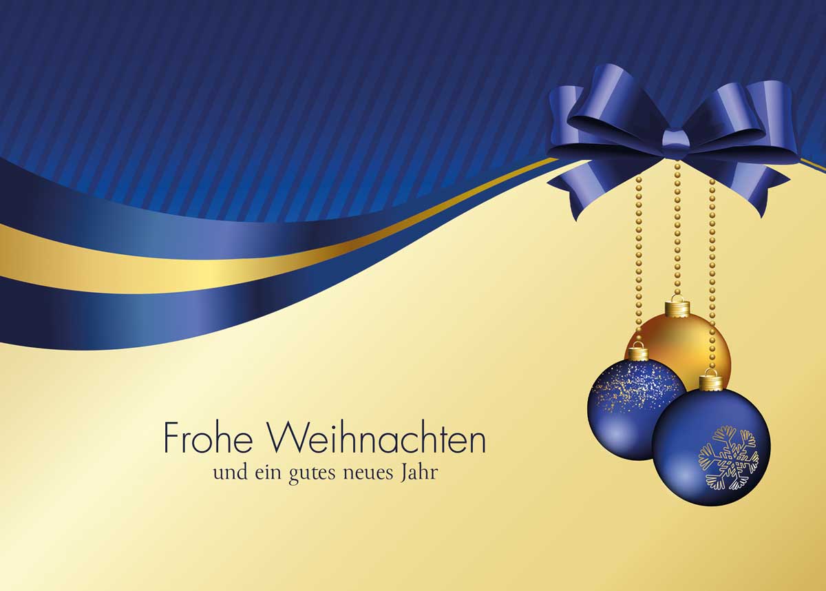 Klassische Weihnachtskarte im eleganten Design mit blauer Schleife und hängenden Weihnachtskugeln