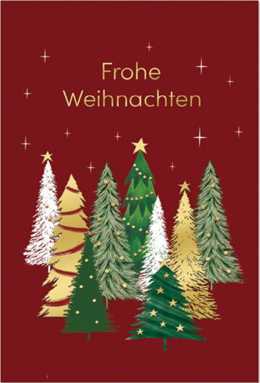 Rostrote Weihnachtskarte mit Goldfolienprägung und Spende für das Deutsche Kinderhilfswerk e.V.