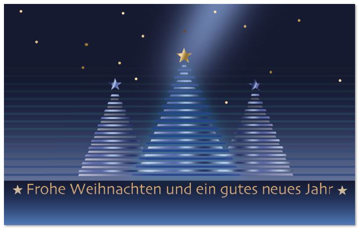 Blaue Weihnachtskarte mit drei gestreiften Weihnachtsbäumen mit Sternen und Nachthimmel