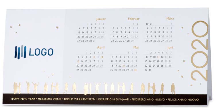 Kalender Weihnachtskarte für den Schreibtisch, mit Kalendarium für 2020, Firmenlogo und Weihnachtsgruß