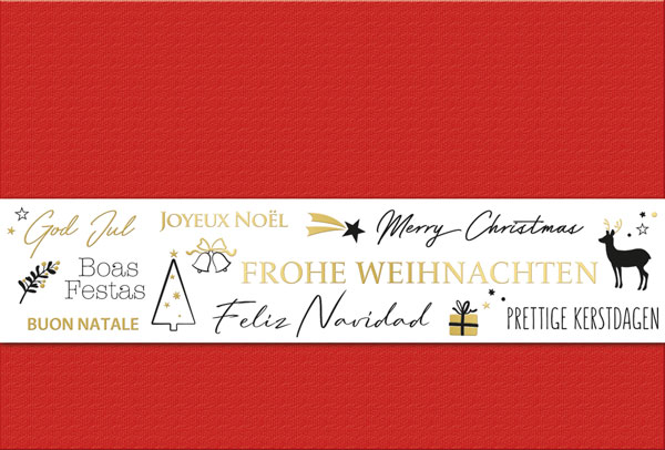 Rote Weihnachtskarte mit Banderole und Goldfolienprägung sowie internationalen Grüßen, inkl. Einleger