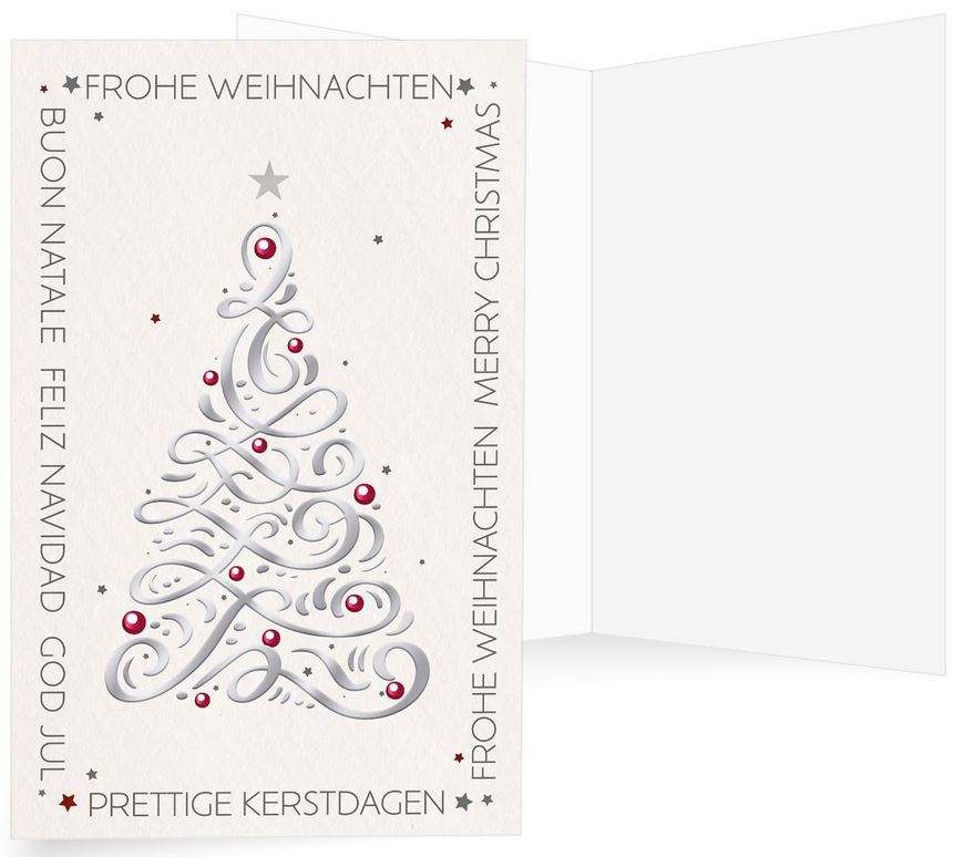 Internationale Weihnachtskarte mit silbernem Weihnachtsbaum und "Frohe Weihnachten" mehrsprachig