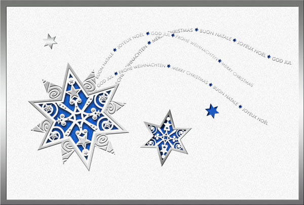 Mehrsprachige Weihnachtskarte mit Laserstanzung Sterne, Silberfolienprägung und Einleger in blau