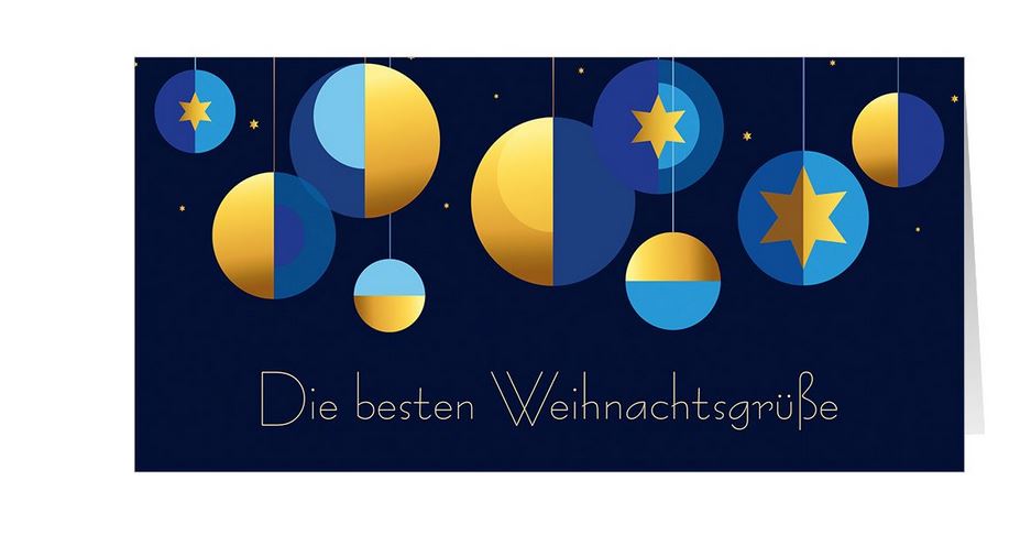 Moderne Weihnachtskarte DIN lang mit "Die besten Weihnachtsgrüße" und hängenden Kugeln