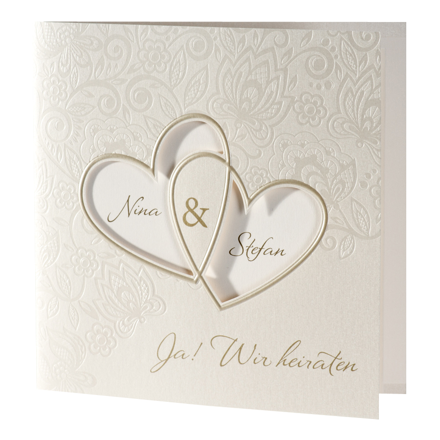 Hochzeitskarte perlmutt metallic mit zwei Herzen und Ornament