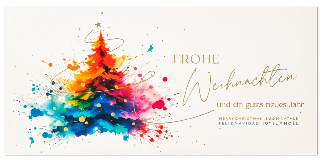 Moderne, mehrsprachige Weihnachtskarte mit knallig-buntem Weihnachtsbaum und Goldprägung