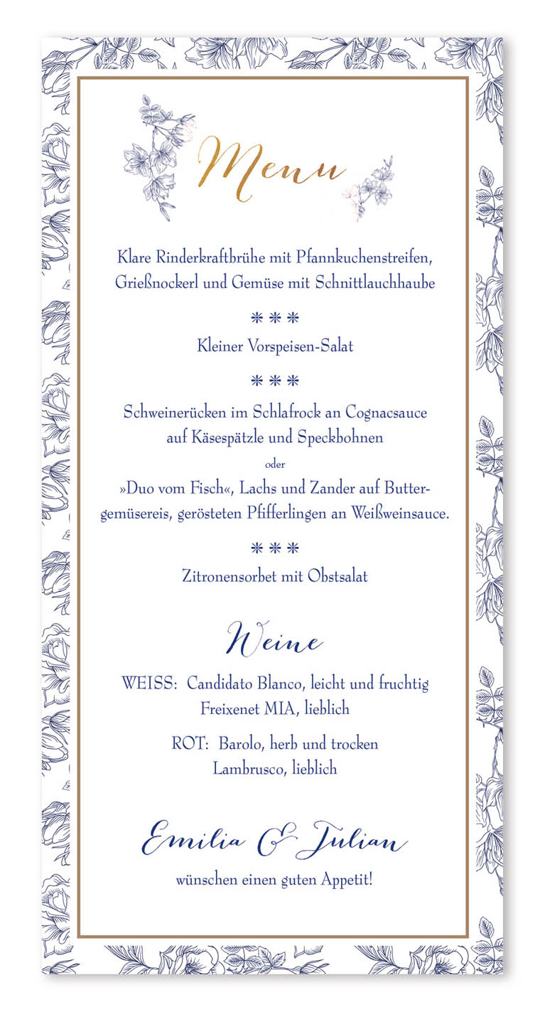 Menükarte blau-weiss im Landhaus-Design mit Blumen und "Menu" in goldener Folienprägung