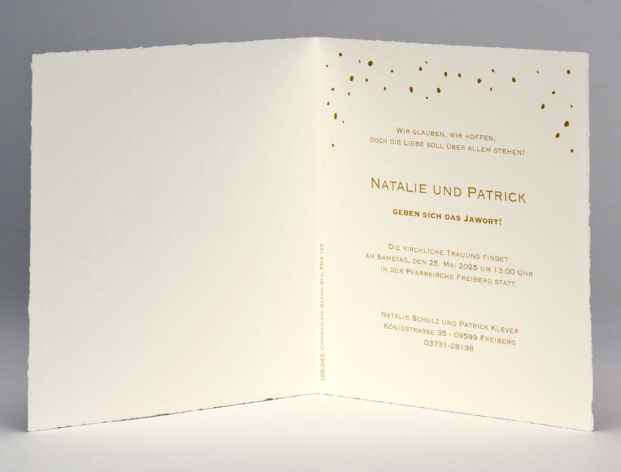 Innenansicht mit Beispieltext von Büttenkarte Pure Cotton mit Goldfolienprägung