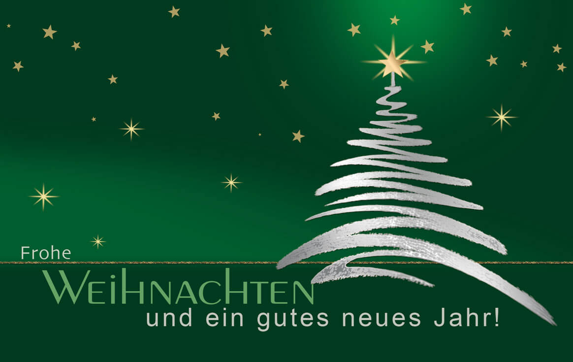 Grüne Weihnachtskarte mit Sternen und Weihnachtsbaum sowie Weihnachts- und Neujahrsgruß