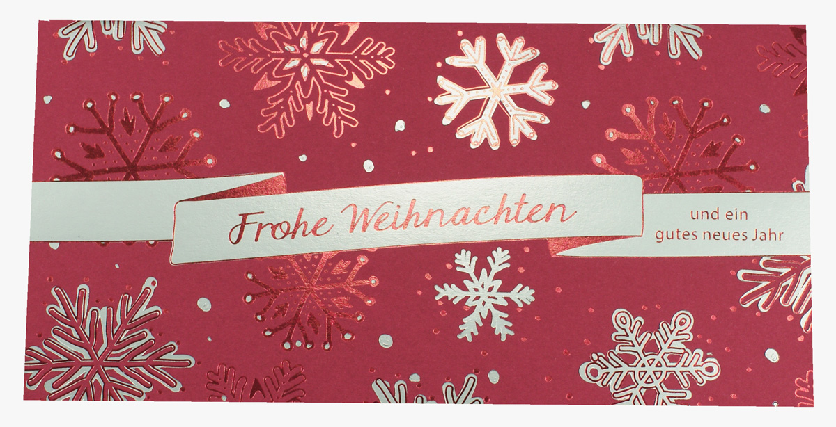 Weihnachtskarte in rot und silber mit Schneeflocken und Frohe Weihnachten und ein gutes neues Jahr