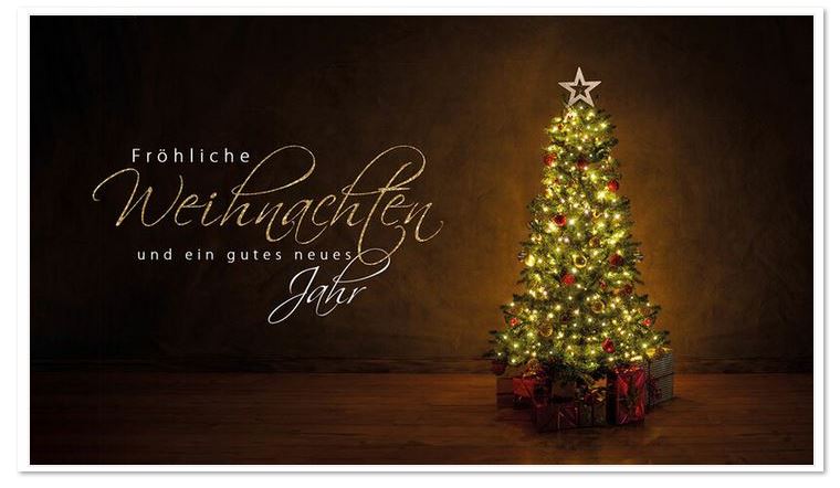 Klassischer Weihnachtsgruß im praktischen Kleinformat mit geschmückten Weihnachtsbaum und Gruß